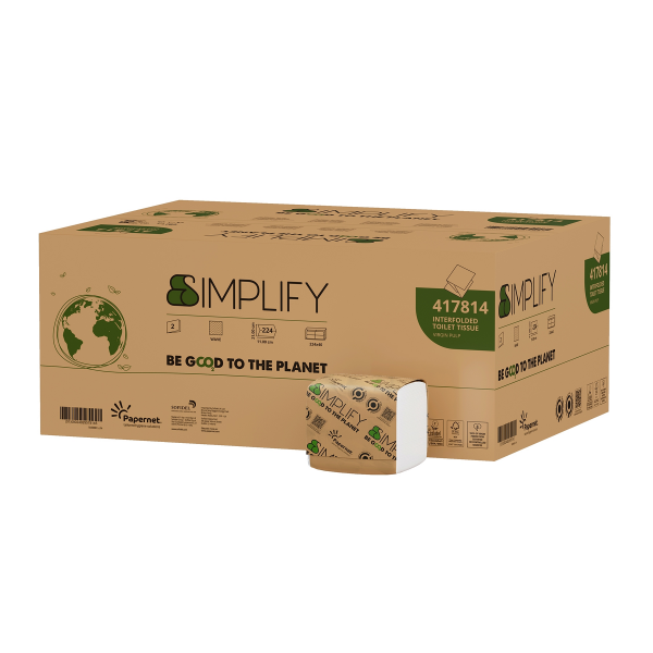 Papernet – Hârtie igienică intercalată, 2 straturi, 100% celuloză, Ecolabel, 224 foi/pachet