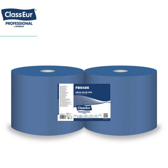 ClassEur MEGA BLUE 500 – Rolă industrială albastră, 3 straturi, 100% celuloză, 500 foi, 170 m, micro‑embosată