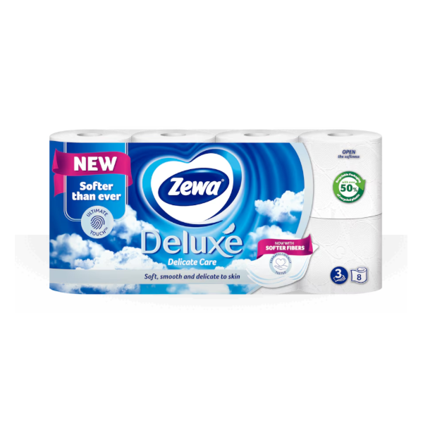Zewa Deluxe Delicate Care – Hârtie igienică 3 straturi, ultra‑moale, cu fibre de eucalipt, AquaTube® biodegradabil